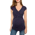 Close-up detail of dark blue polka dot maternity nursing top with crossover V-neck design - S / Tops / Navy Blue with Red Dots