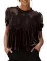 Detailed view of the dark brown velvet top with intricate lace embroidery and mesh sleeves. - S / Tops / Coffee