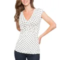 Detail of cross V-neck design on white polka dot short sleeve nursing maternity top - S / Tops / White with Black Polka Dots