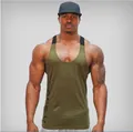 Professional men's army green U-neck fitness gym tank top with black straps and side print - M / Tops / Army Green