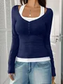 Slim fit navy blue long sleeve top with white halter fake two-piece design and buttons - S / Tops / Navy Blue