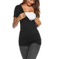 Maternity short sleeve black nursing top featuring a double layer button access design - S / Tops / Black