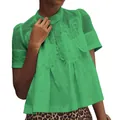 Haut vert chic à manches courtes avec dentelle, maille filet et ourlet babydoll plissé. - Vert