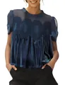 Detail of elegant blue velvet blouse featuring delicate lace trim and mesh panel. - Blue