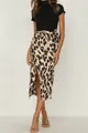 Detailed macro view of the high-waisted leopard print midi skirt featuring a front slit - S / Brown