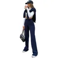 Chic navy blue high-waisted flare trousers styled with a white top and accessories - Navy Blue