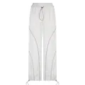 Front view detail of trendy high-waisted white wide-leg trousers with toggle drawstring. - S / Bottoms / White