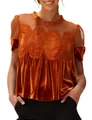 Elegant orange velvet blouse with mesh lace embroidery and short puff sleeves for women - Orange