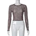 Front view of a sexy leopard print mesh long sleeve crop top on a white mannequin - XS / Tops / Leopard Print