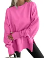 Sweatshirt rose vif oversize à col rond avec poignets côtelés et fentes latérales pour femme - Rose vif