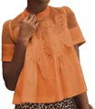 Blouse élégante orange à manches courtes avec dentelle brodée et détails en résille - S / Hauts / Rouge Orangé