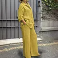 Women's mustard yellow linen shirt and wide-leg pants casual two-piece set outdoor - Yellow