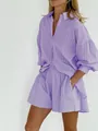 Lavender purple striped jacquard two-piece set with puff sleeve shirt and shorts - S / Top And Bottom / Purple