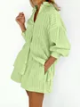 Side view detail of a light green striped puff sleeve shirt and matching shorts set. - S / Top And Bottom / Green