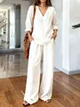 Casual V-neck long sleeve washed cotton linen top and wide leg pants set for women - S / Top And Bottom / White