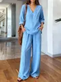 Two-piece light blue linen casual set with V-neck top and wide-leg trousers - S / Top And Bottom / Blue