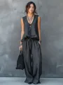 Macro view of charcoal grey linen sleeveless ruffle top and matching wide-leg pants - S / Top And Bottom / Dark Gray