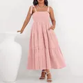 Summer pink smocked sleeveless dress with adjustable shoulder bow straps and tiers - S / Tops / Pink