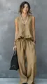 Boho chic women's two-piece summer set with sleeveless ruffle top and wide-leg pants - S / Top And Bottom / Khaki