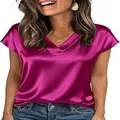 Close-up of elegant fuchsia satin V-neck blouse showing the smooth and shiny fabric texture - S / Rose Red