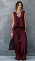 Elegant wine red sleeveless vest and wide-leg trousers set for women's summer fashion - S / Top And Bottom / Burgundy