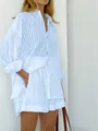 Detail view of light blue striped puff sleeve shirt and matching shorts set - Blue