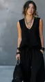 Fashionable black sleeveless ruffled top and loose wide-leg pants summer two-piece outfit. - S / Top And Bottom / Black