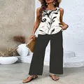 Elegant sleeveless casual set featuring a palm leaf print top and black wide-leg trousers - S / Top And Bottom / White Palm Print (Color 15)