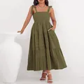 Vestido maxi verde oliva con corpiño fruncido y tirantes ajustables con lazo - S / Verde Militar