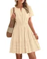Elegant V-neck tiered swing dress with puff sleeves and pleated waist details. - S / Tops / Apricot
