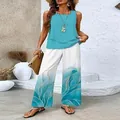 Casual women's two-piece set with sleeveless blue tank top and ombre wide-leg pants. - S / Top And Bottom / Lake Blue Gradient Print (Color 16)