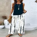 Casual summer two-piece set featuring navy sleeveless top and tie-dye wide-leg pants - S / Top And Bottom / Navy Blue Patchwork (Color 17)