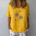 Elegante top giallo in cotone e lino da donna con stampa a pois di dente di leone - Giallo