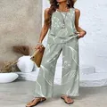 Sage green floral sleeveless tank top and wide-leg pants casual two-piece set - S / Top And Bottom / Bean Green