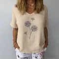Top casual da donna in cotone e lino con scollo a V e dettaglio di stampa a dente di leone - Albicocca