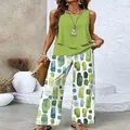Detail of women's casual summer set with green sleeveless tank top and printed pants - S / Top And Bottom / Grass Green (Color 23)