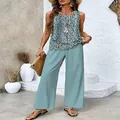Detail of women's sleeveless double-layer patterned tank top and light blue wide-leg pants set - S / Top And Bottom / Sky Blue (Color 24)