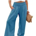 Detail view of blue smocked waist wide leg casual linen trousers for women - Teal