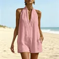 Elegant pink halter V-neck romper with pockets for summer beach vacations and daily leisure. - S / Pink