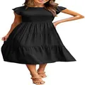 Detailed view of a stylish black flutter sleeve tiered midi dress for modern women - Black