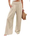 Detailed view of women's smocked waist wide-leg linen pants in beige - Apricot