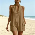 Elegant women's khaki halter V-neck romper perfect for summer beach vacation and casual wear - Khaki