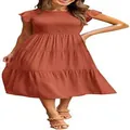 Detalle del vestido midi escalonado terracota con mangas de volantes y cuerpo elástico - S / Tops / Naranja