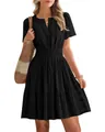 Elegant black V-neck tiered mini dress with puff sleeves and a smocked waistline - S / Top And Bottom / Black