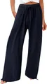 Detailopname van marineblauwe katoenen linnen broek met trekkoord in de taille en zoom - S / Bottoms / Marineblauw