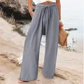 Detailed view of lightweight grey cotton linen wide-leg casual beach pants for women - S / Bottoms / Gray
