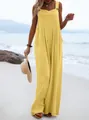 Casual summer loose yellow cotton linen jumpsuit for women with chic button detail - S / Top And Bottom / Yellow