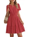 Elegant red short sleeve V-neck tiered swing dress with pleats and puff sleeves for summer. - S / Top And Bottom / Red