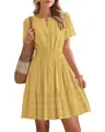 Yellow V-neck dress with pleated waist and puff sleeves for a stylish summer look. - S / Top And Bottom / Yellow