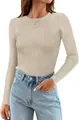 Gedetailleerd overzicht van de textuur van een beige geribbelde damestrui met lange mouwen - S / Tops / Khaki